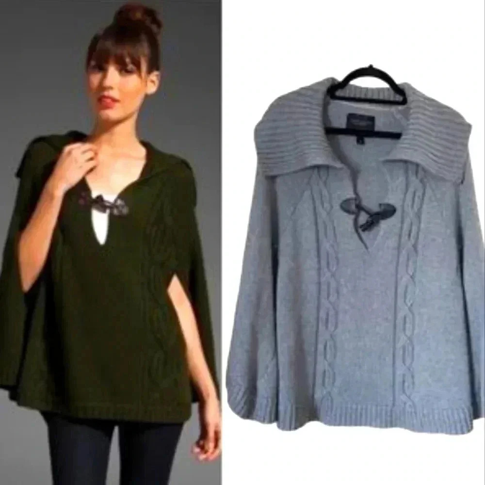 Sanctuary Womens Sweater Poncho Cape Cable Knit Scoop Neck Gray